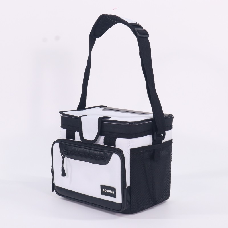 black and white cooler bag, insulated lunch tote, professional thermal bag, food delivery cooler, custom logo cooler bag, B2B insulated bag, promotional cooler tote, bulk thermal bag