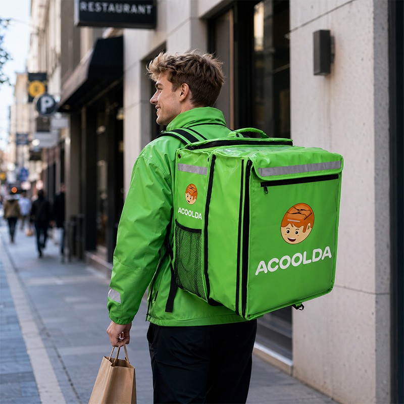 collapsible delivery backpack, expandable thermal bag, adjustable volume courier bag, space saving takeaway container, folding food transport pouch, wholesale expandable catering pack, custom branded rider bag, flexible delivery box